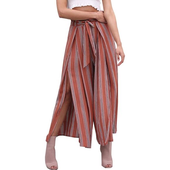 Simplee Women's Boho Flowy High Waisted Elegant Split Stripe Wide Leg Pants SM - Picture 1 of 10